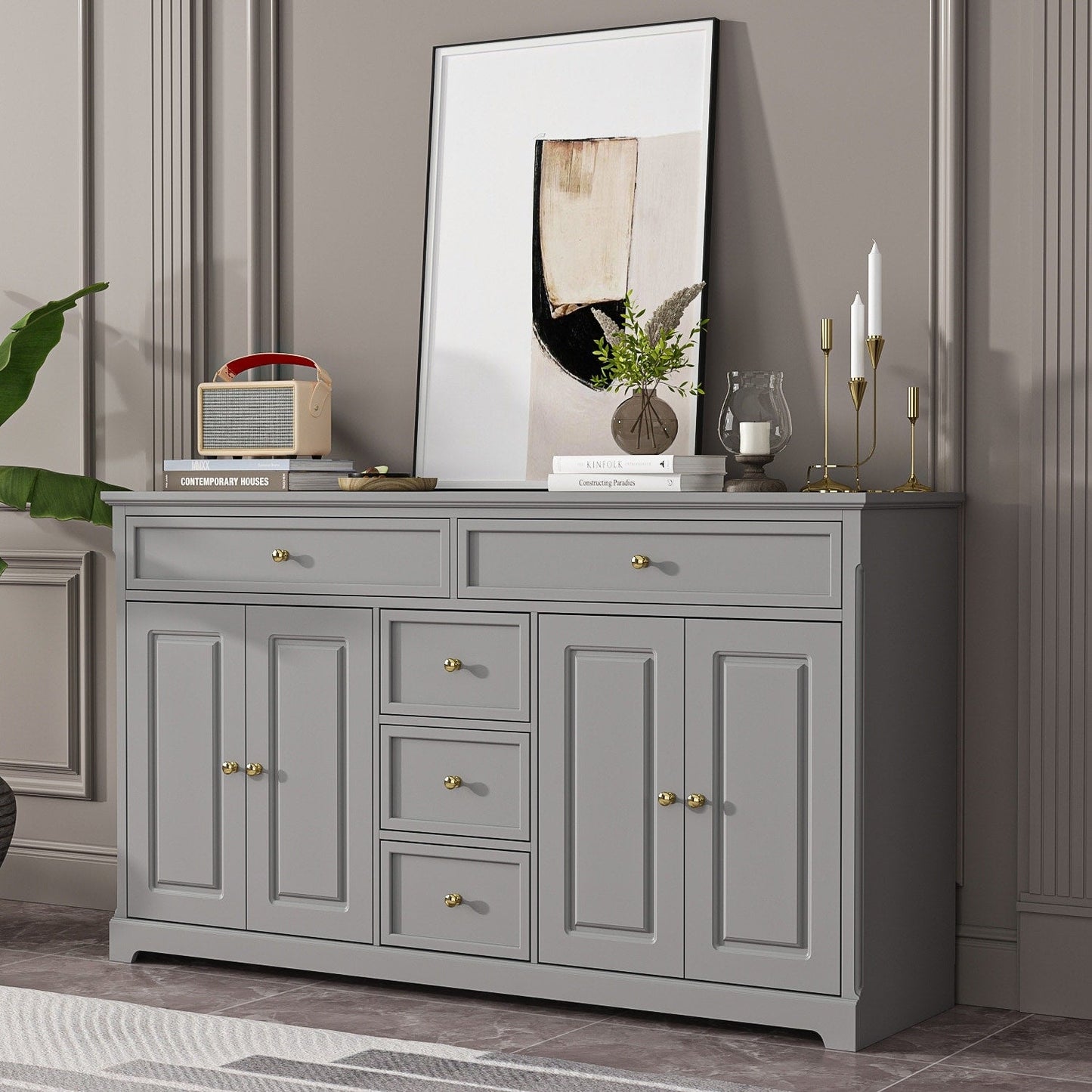 Buffet blanc laqué de 59,1 pouces, style contemporain et moderne du milieu du siècle