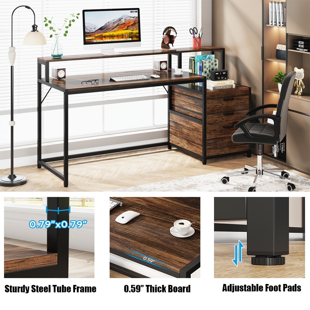Bureau d'ordinateur 63 avec support d'écran, bureaux ergonomiques pour la maison avec tiroirs et classeur