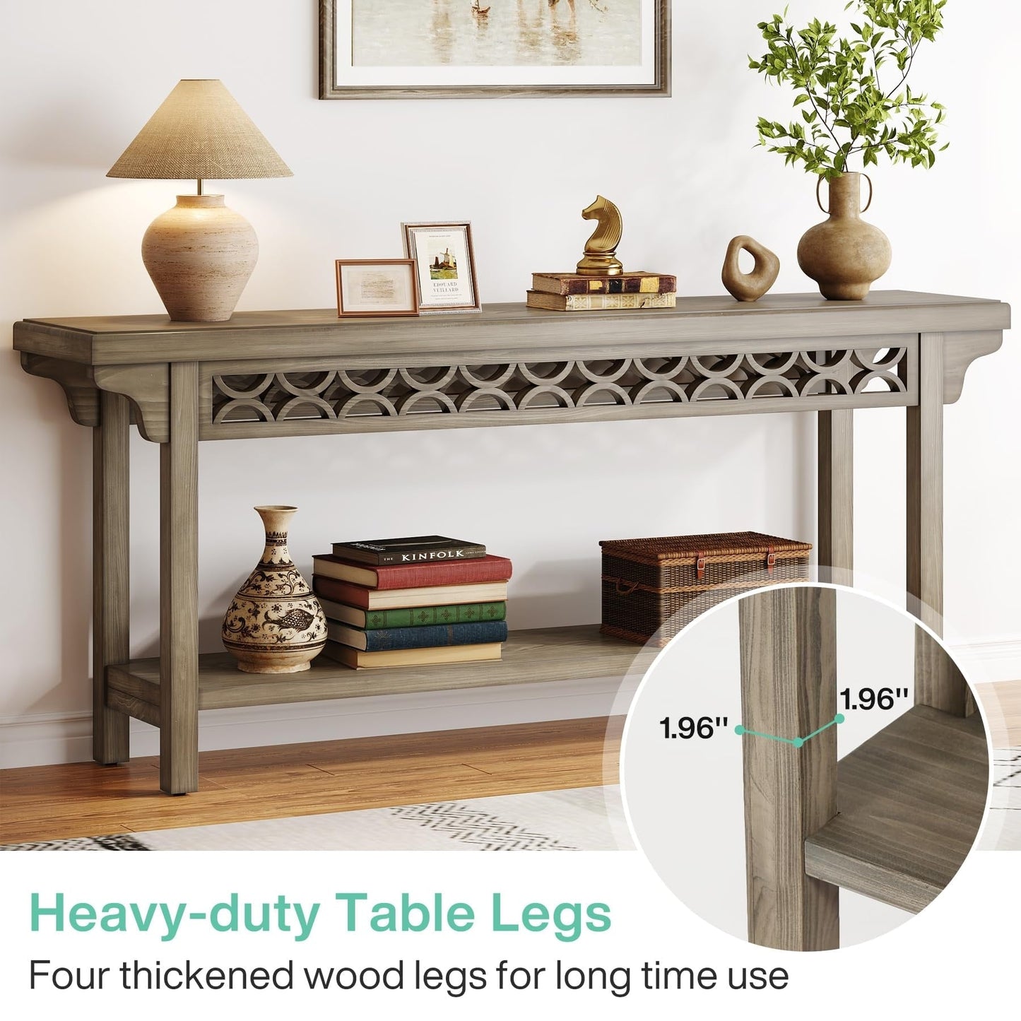 Table console longue en bois massif de style ferme de 70,8 pouces, table de canapé