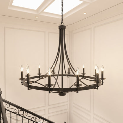 Lustre Empire à 12 lumières de style ferme moderne Fidenza avec roue de chariot et UL - D40'' * H135''