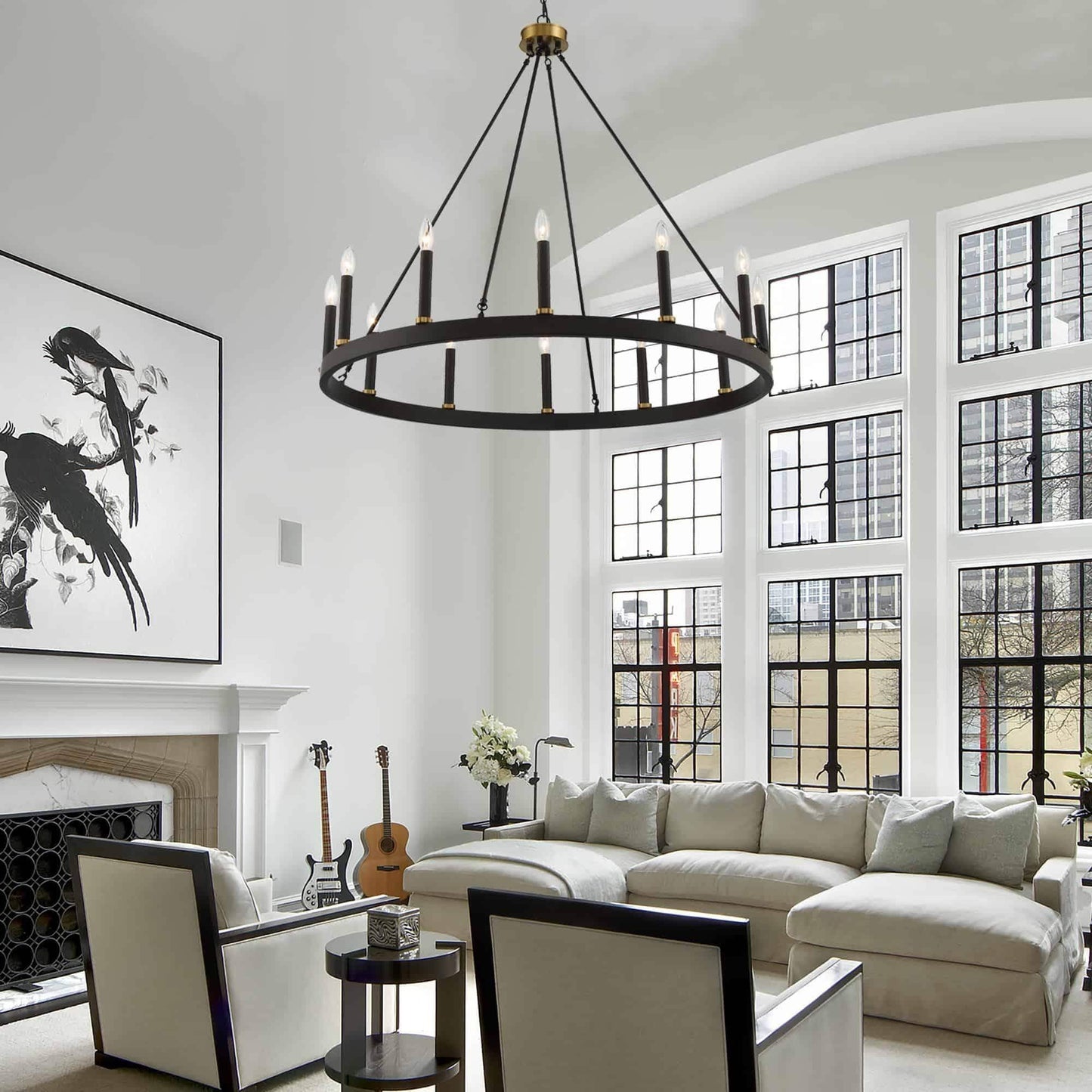 Lustre Acroma Farmhouse à 12 lumières, 40 po, en forme de roue de chariot, certifié UL - 40 po P x 138 po H