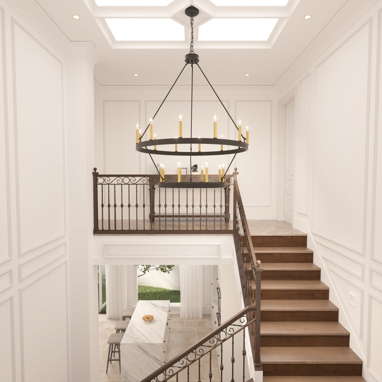 Lustre rond en forme de roue de chariot de style ferme moderne Acroma à 20 lumières de 40 po avec UL