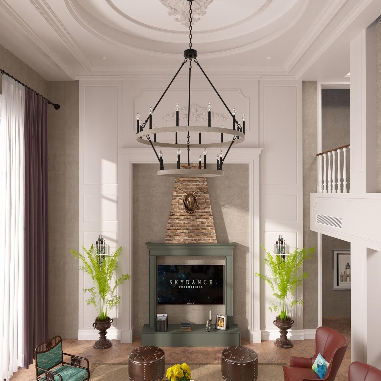 Lustre rond en forme de roue de chariot de style ferme moderne Acroma à 20 lumières de 40 po avec UL