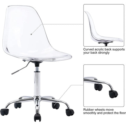 Chaise de bureau pivotante en acrylique à hauteur réglable sans accoudoirs