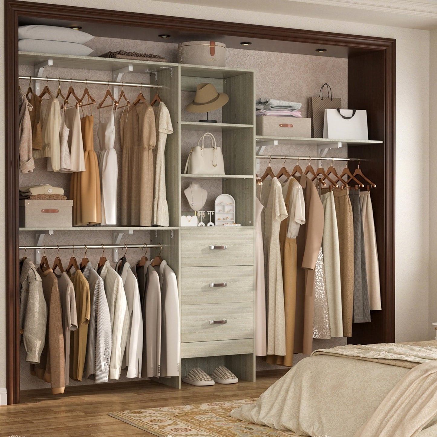 Organisateur de placard ajustable Rackcog 120'' avec tiroirs, système de placard avec étagères à monter soi-même pour placards et dressings