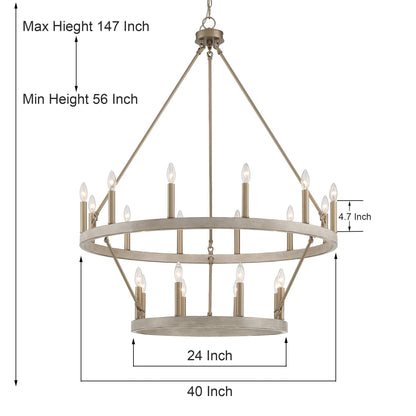 Lustre rond en forme de roue de chariot de style ferme moderne Acroma à 20 lumières de 40 po avec UL
