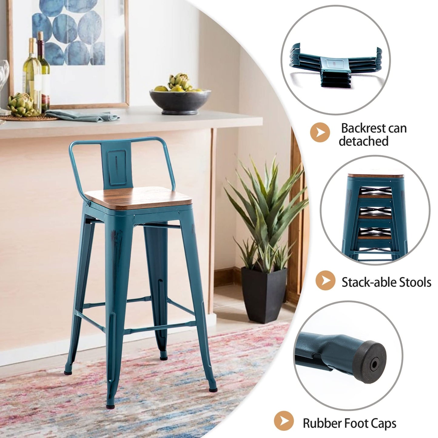 Lot de 4 tabourets de bar industriels en métal avec dossier et assise en bois