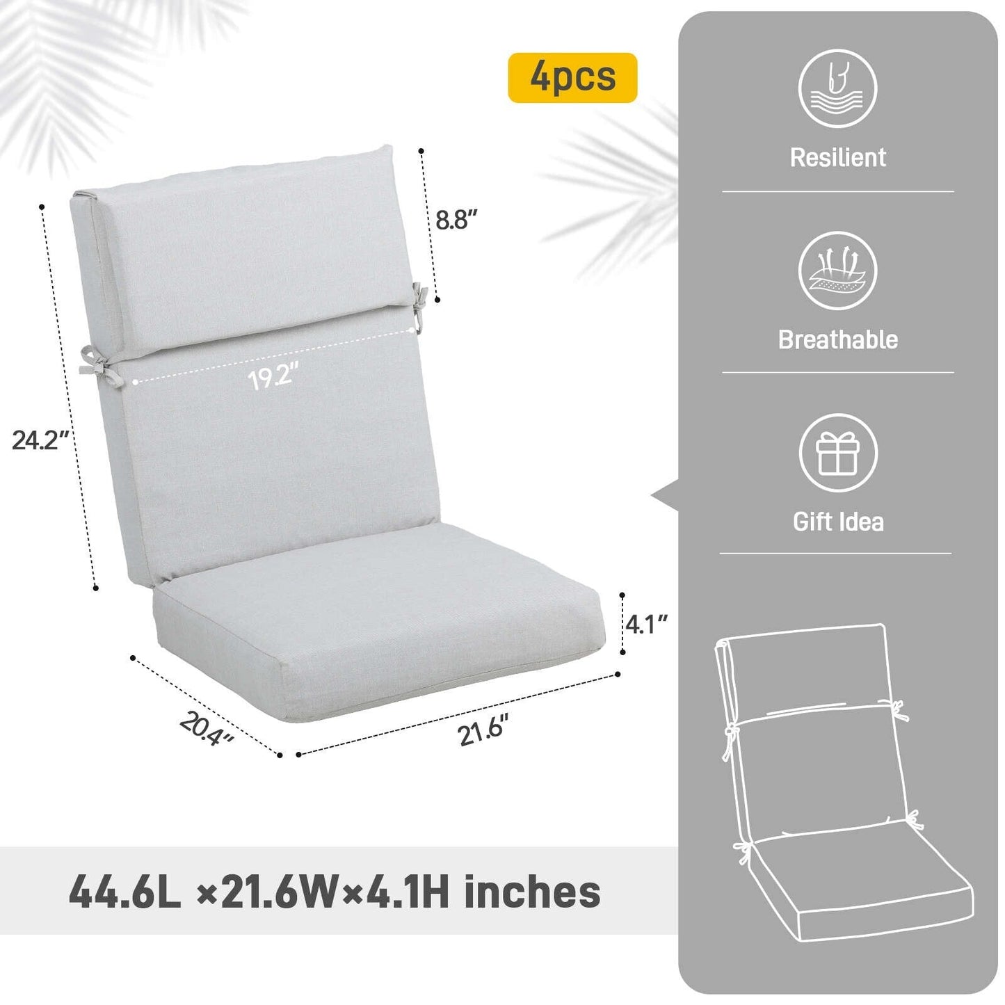 Lot de 4 coussins de chaise à dossier haut Aoodor Patio, 46 ​​x 21 x 4 pouces (coussins uniquement)