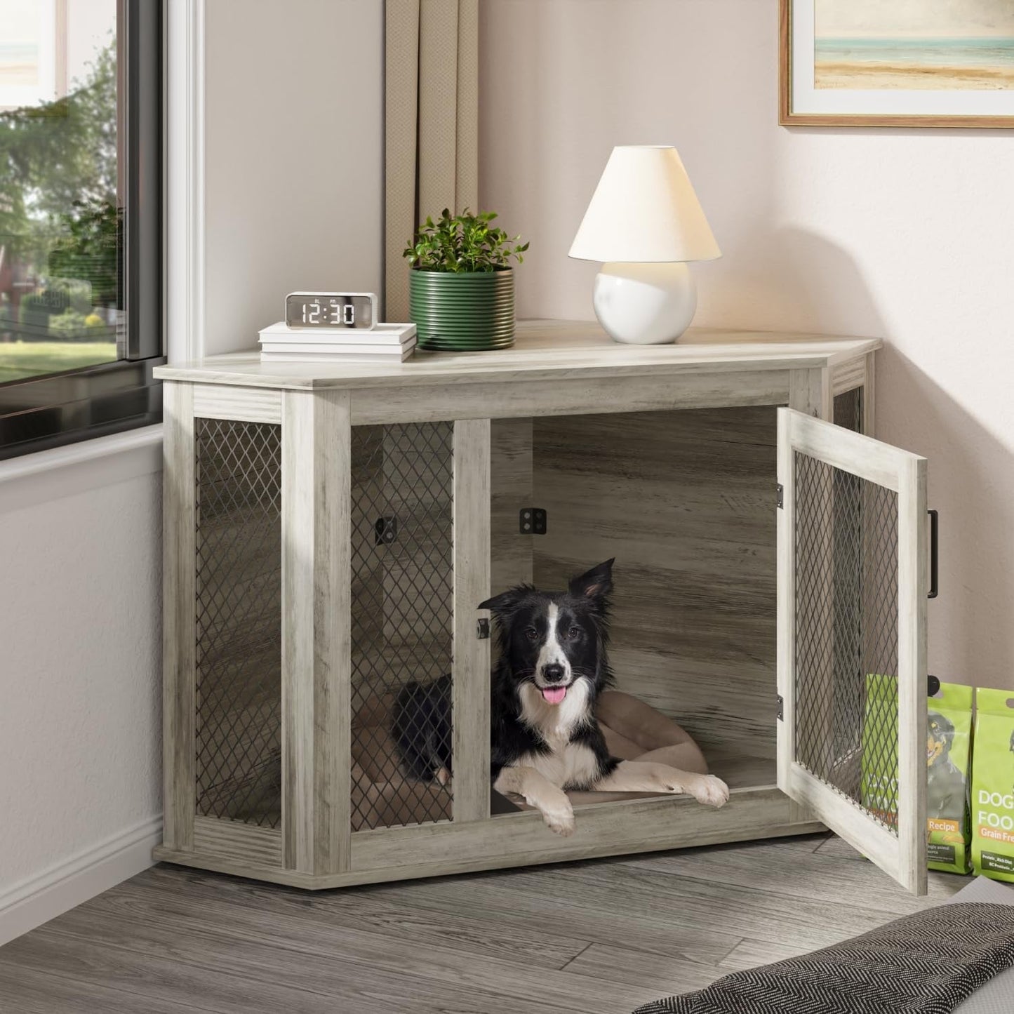 Niche d'angle pour chien Bossin, niche en bois de 44/52 pouces avec filet, niche décorative en bois pour chien, idéale pour l'intérieur