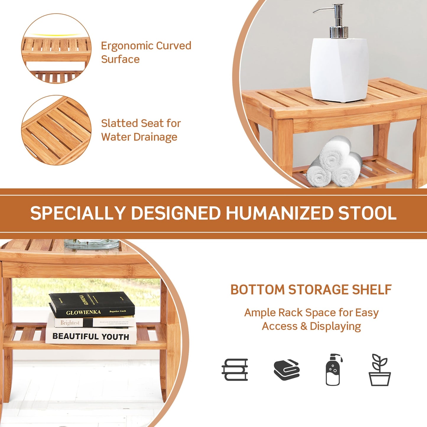 Bamboo Shower Bench Seat Bathroom Spa Chair Seat with Storage Shelf - Natural