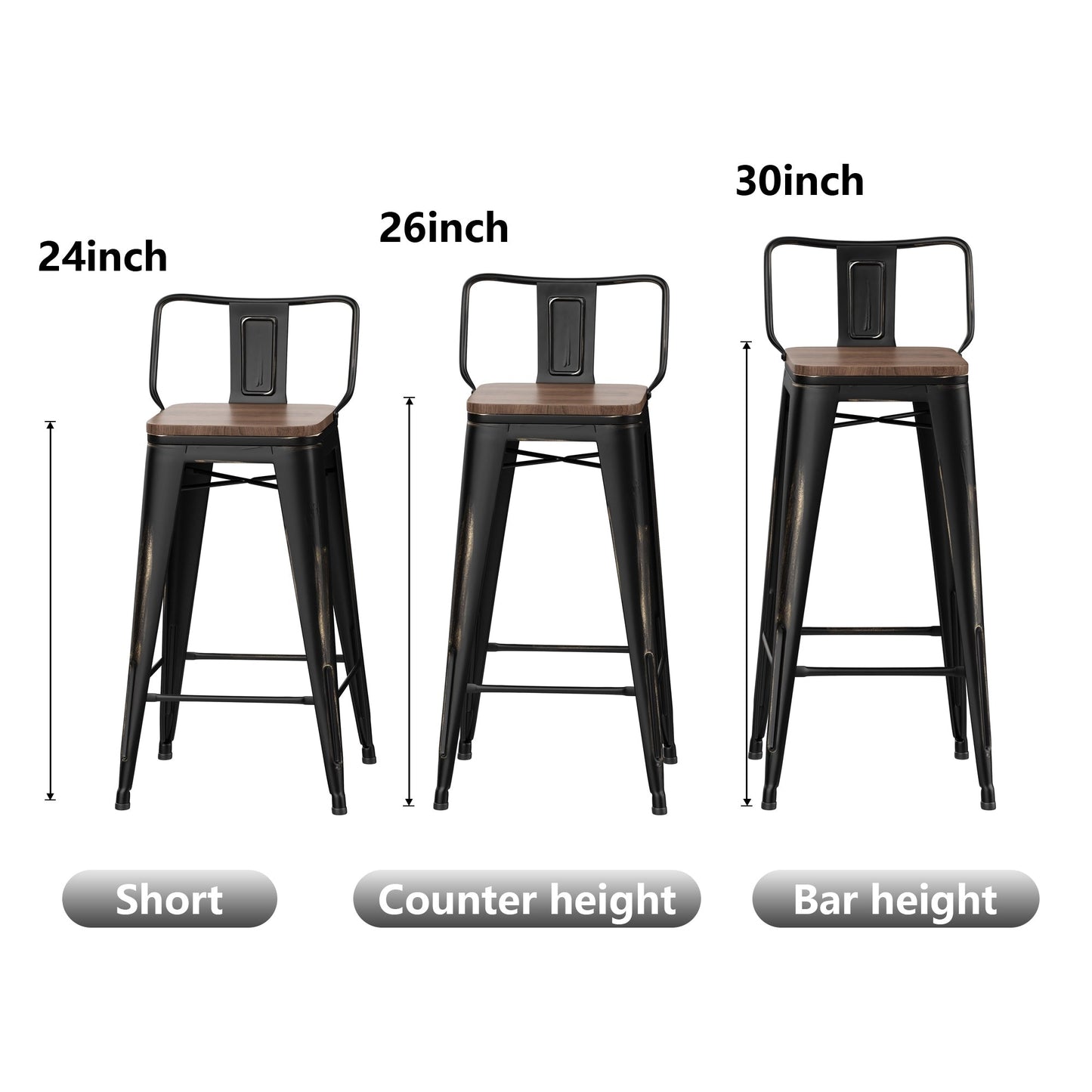 Lot de 4 tabourets de bar industriels en métal avec dossier et assise en bois