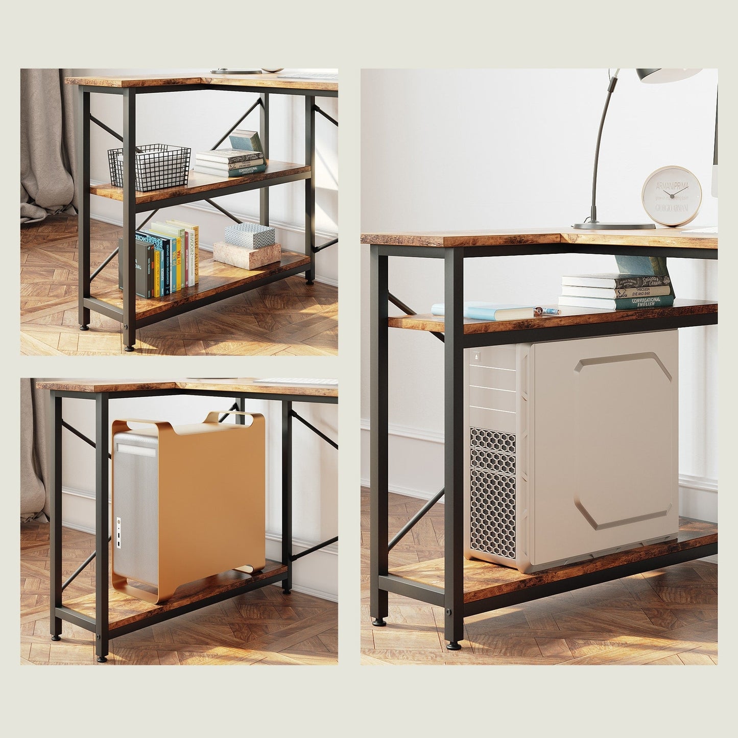 Petit bureau d'angle en forme de L avec étagères de rangement