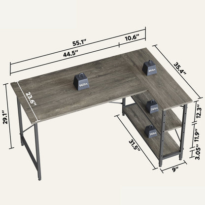 Petit bureau d'angle en forme de L avec étagères de rangement