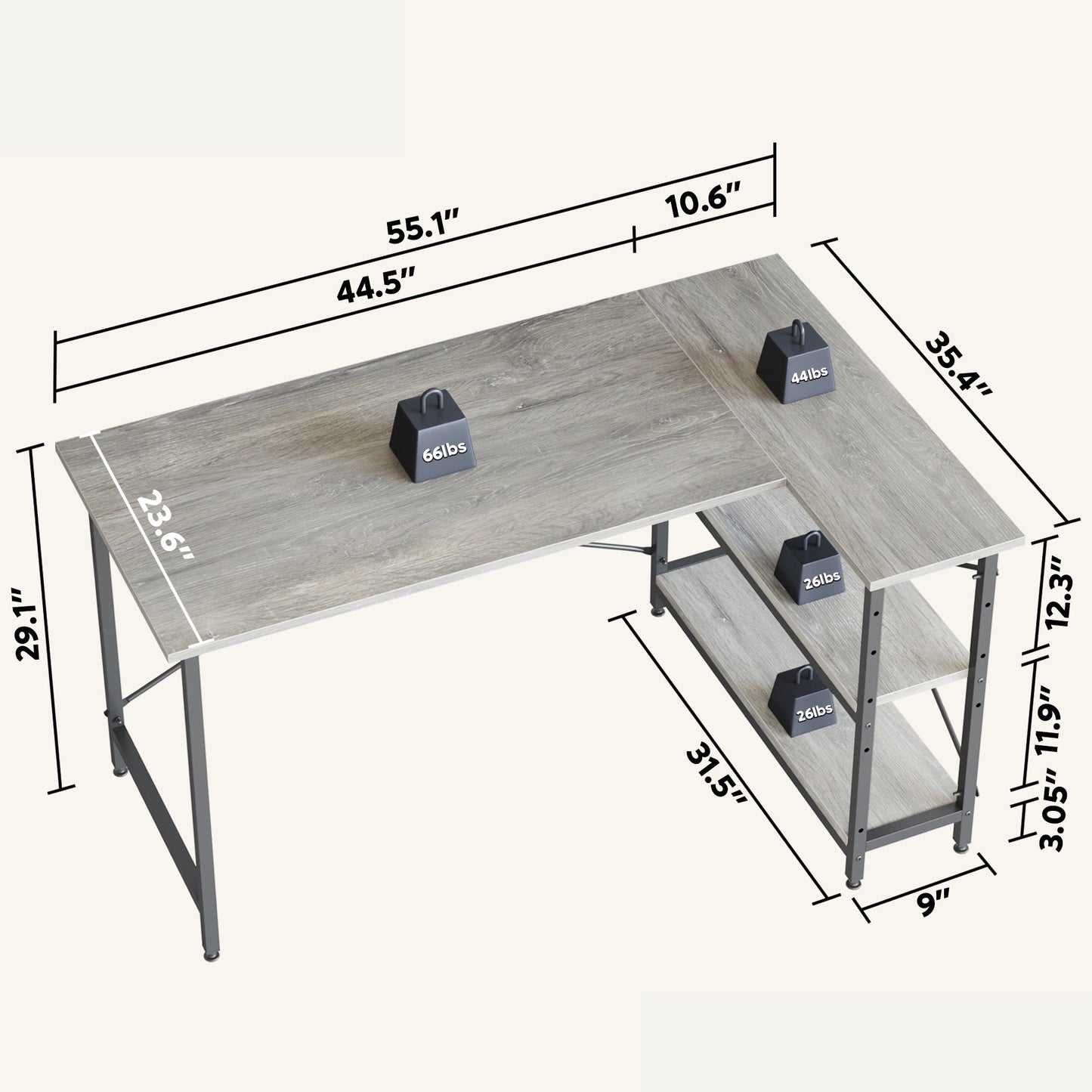 Petit bureau d'angle en forme de L avec étagères de rangement