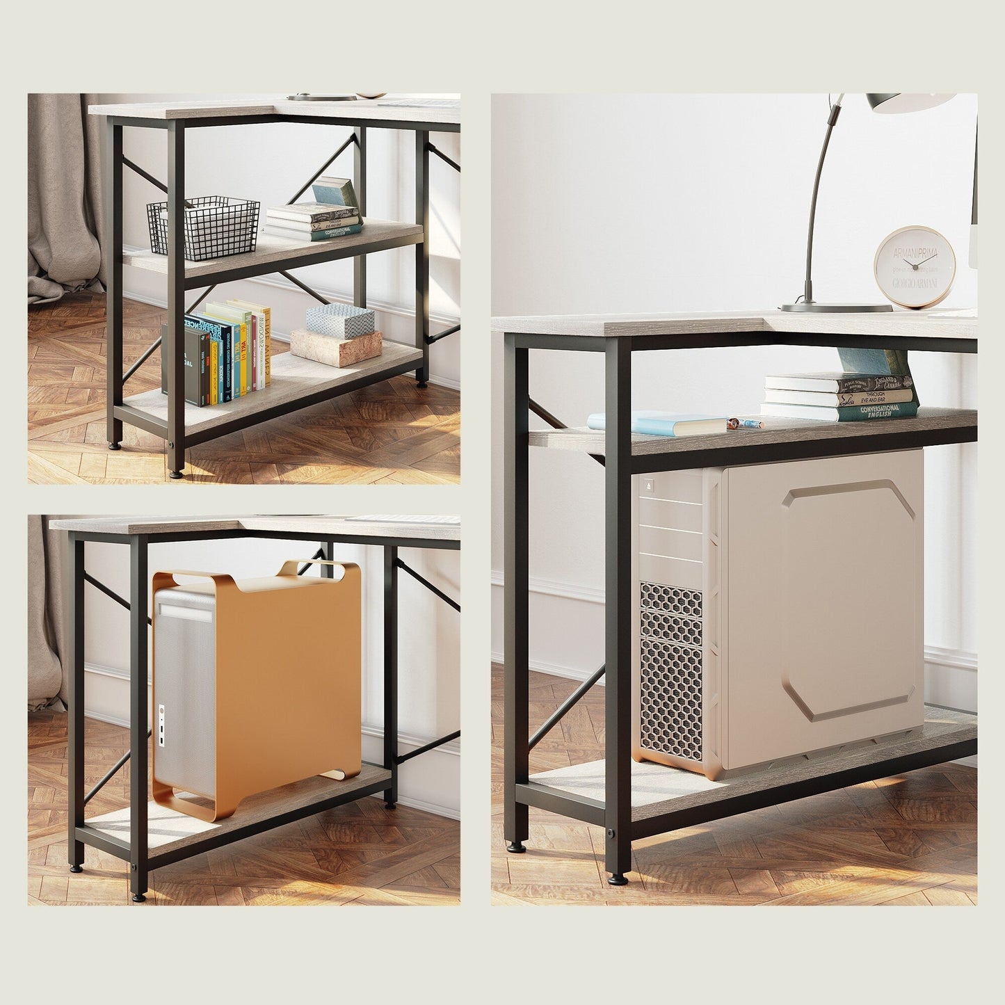 Petit bureau d'angle en forme de L avec étagères de rangement