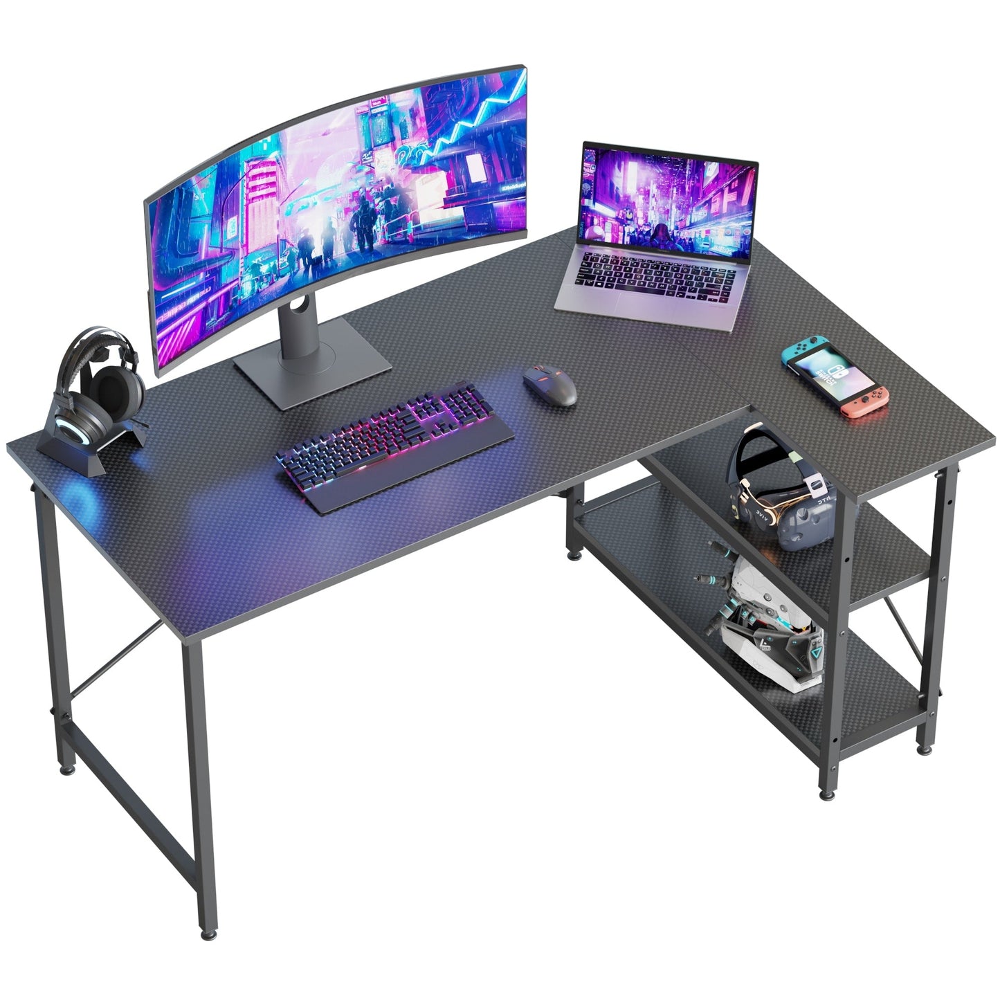 Petit bureau d'angle en forme de L avec étagères de rangement