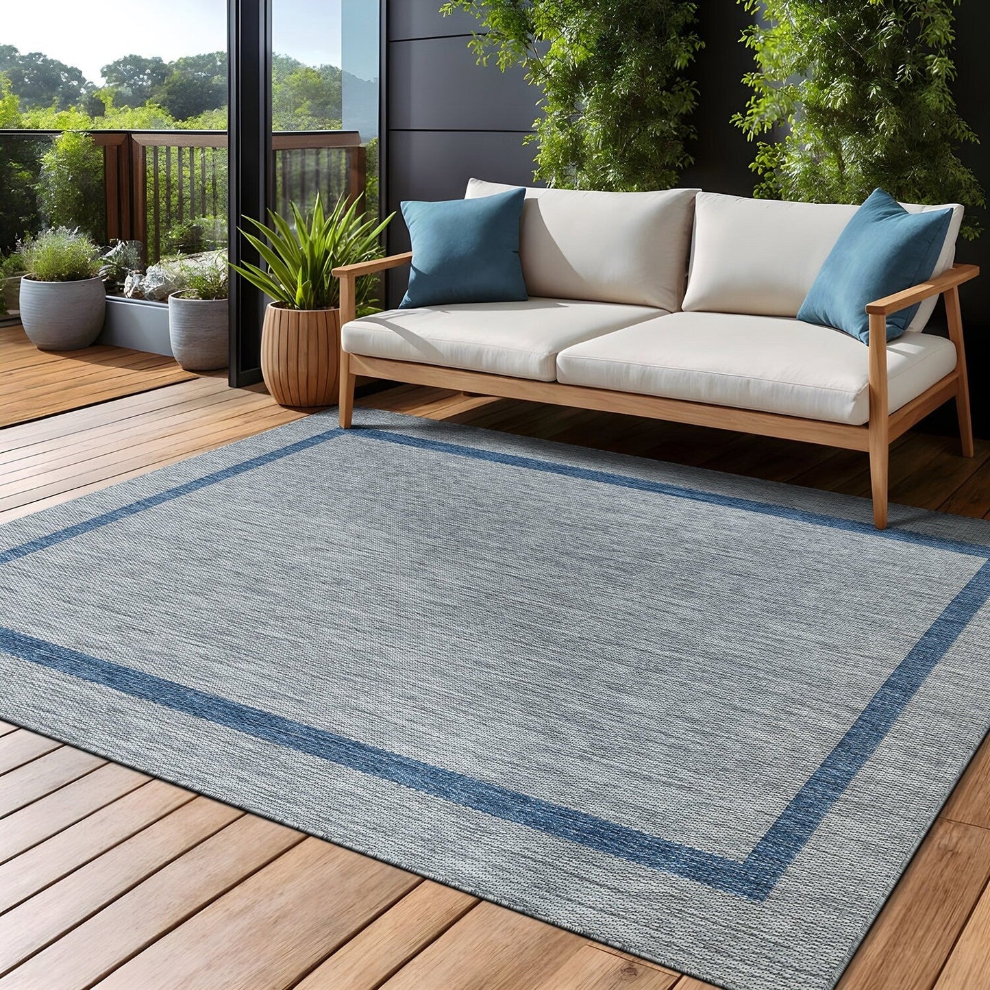 Beverly Rug Modern Bordered Indoor Outdoor Rug, Outside Carpet for Patio, Deck, Porch