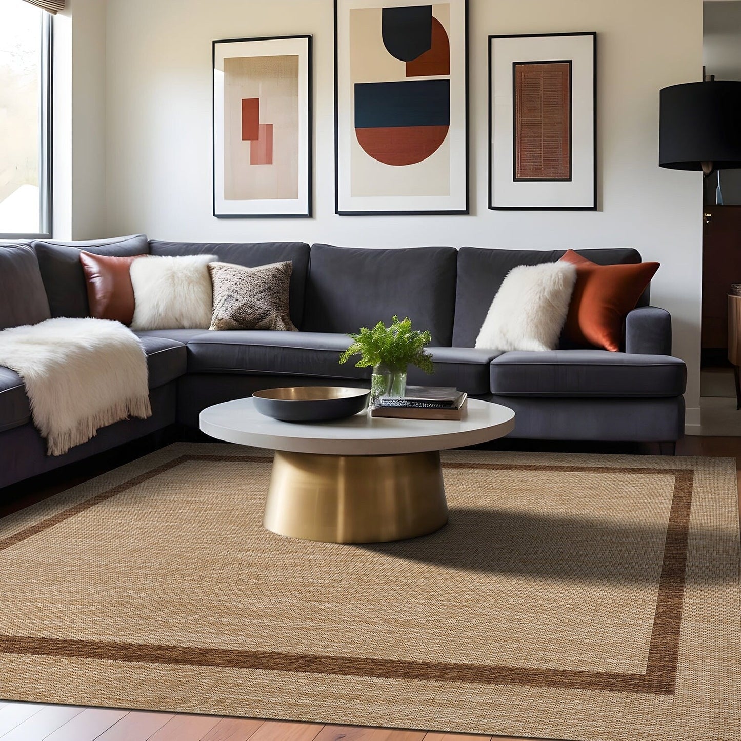 Beverly Rug Modern Bordered Indoor Outdoor Rug, Outside Carpet for Patio, Deck, Porch