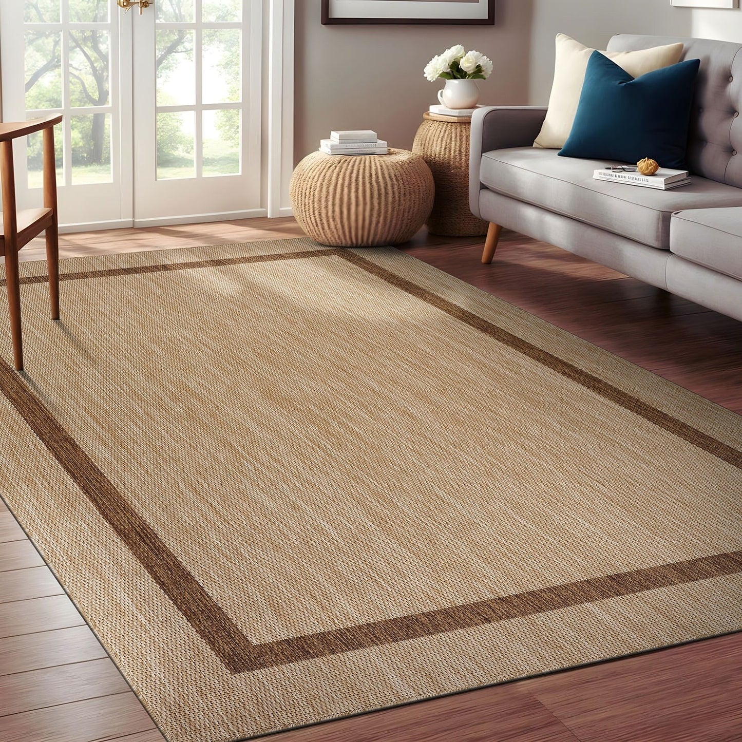 Beverly Rug Modern Bordered Indoor Outdoor Rug, Outside Carpet for Patio, Deck, Porch