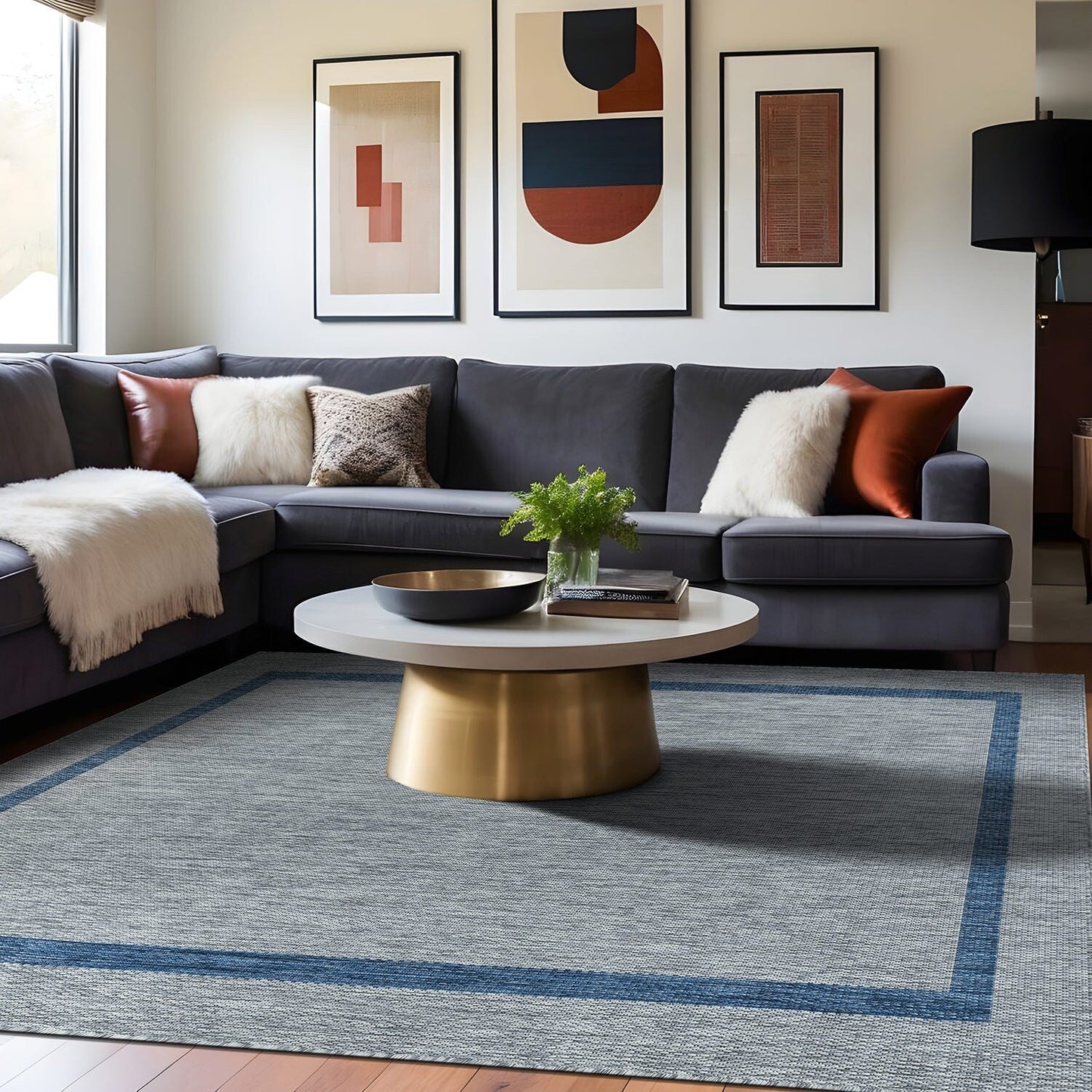 Beverly Rug Modern Bordered Indoor Outdoor Rug, Outside Carpet for Patio, Deck, Porch