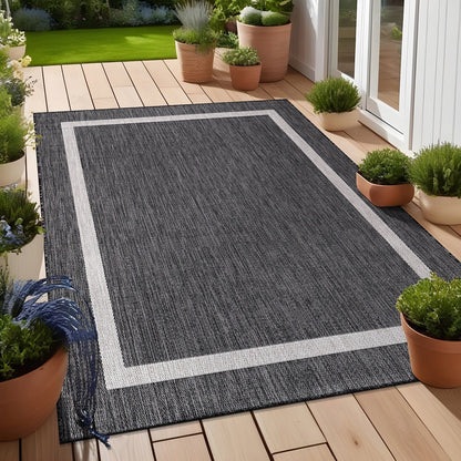 Beverly Rug Modern Bordered Indoor Outdoor Rug, Outside Carpet for Patio, Deck, Porch