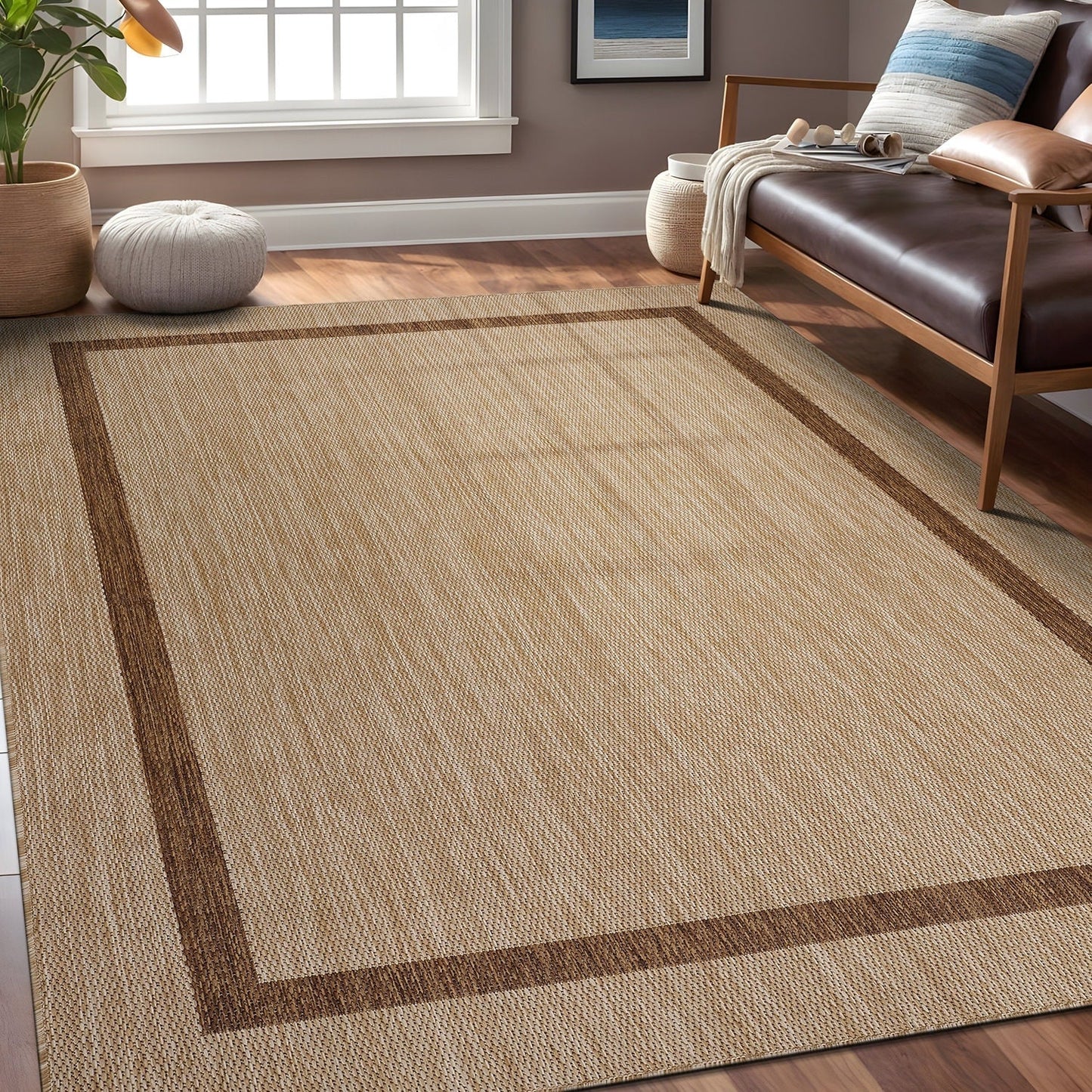 Beverly Rug Modern Bordered Indoor Outdoor Rug, Outside Carpet for Patio, Deck, Porch