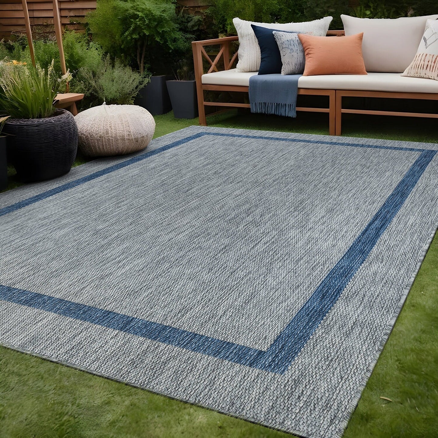 Beverly Rug Modern Bordered Indoor Outdoor Rug, Outside Carpet for Patio, Deck, Porch