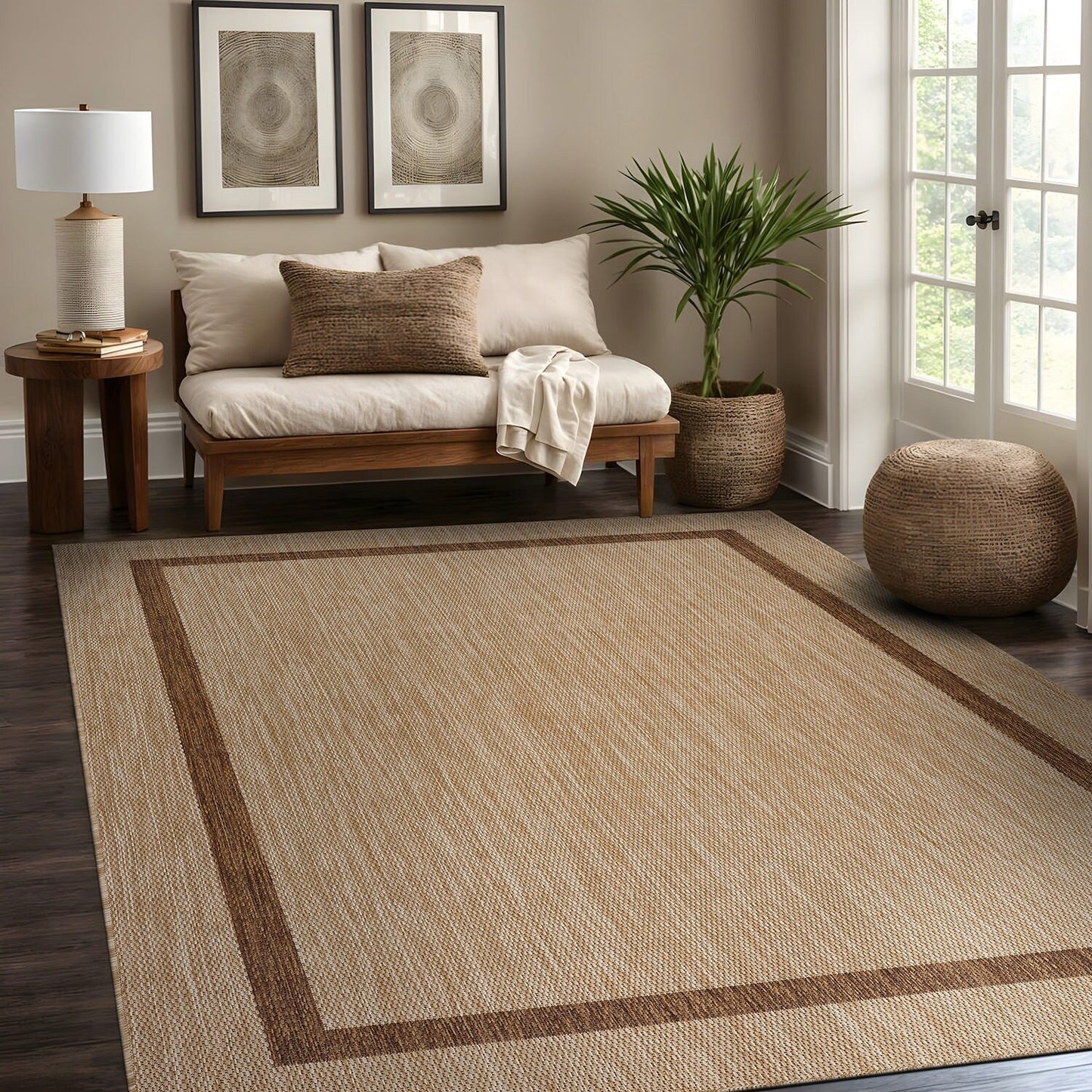 Beverly Rug Modern Bordered Indoor Outdoor Rug, Outside Carpet for Patio, Deck, Porch
