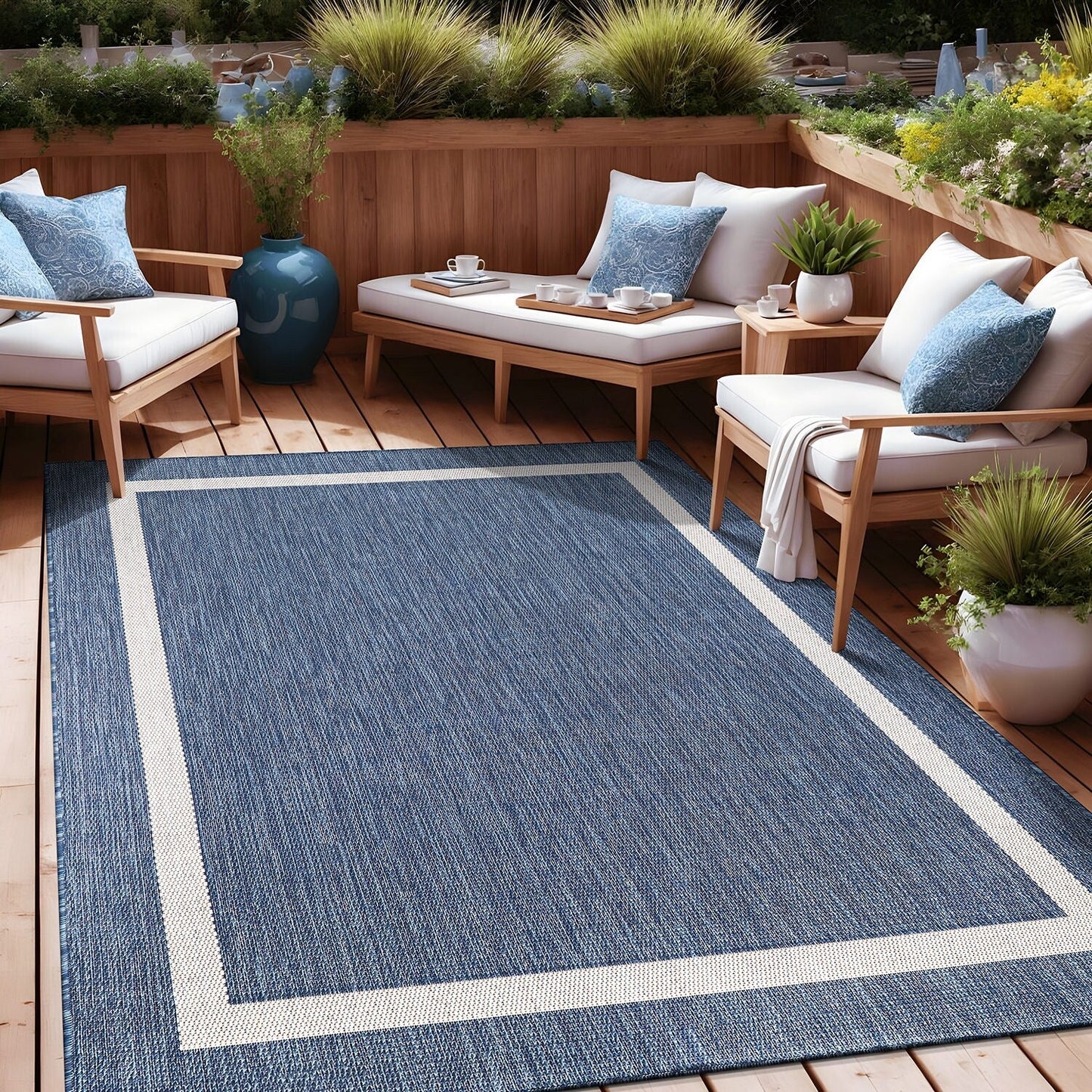 Beverly Rug Modern Bordered Indoor Outdoor Rug, Outside Carpet for Patio, Deck, Porch