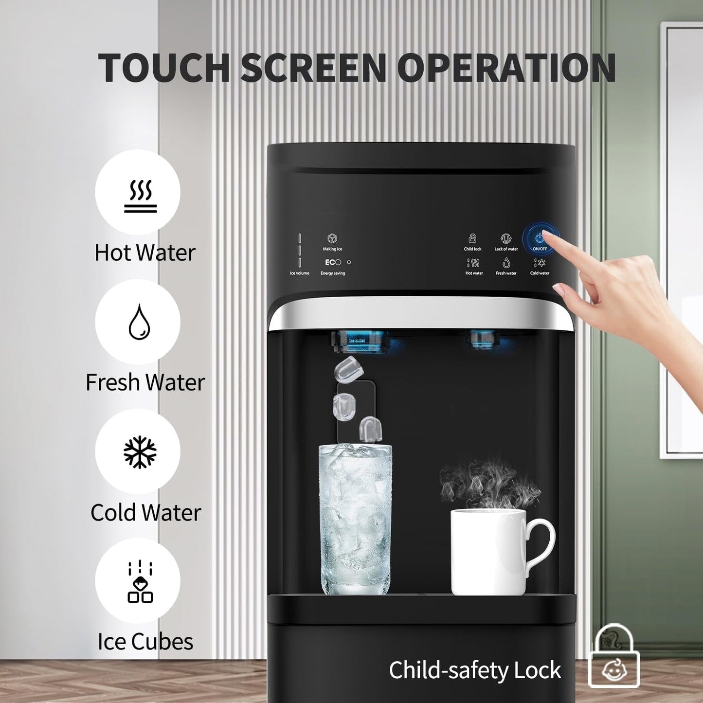 Distributeurs d'eau chaude et froide 3 en 1 noirs avec machine à glaçons