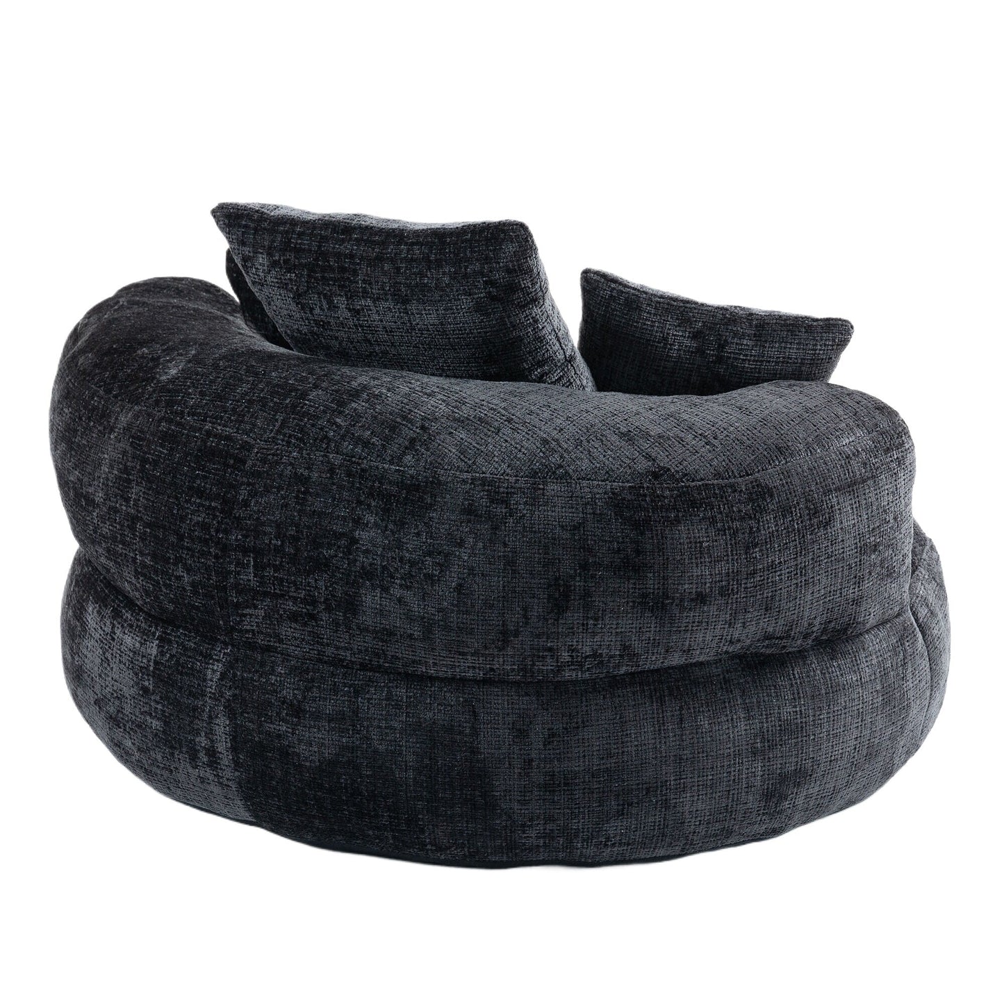 Pouf simple surdimensionné en chenille noir de 42,52 pouces avec trois oreillers pour chambre à coucher