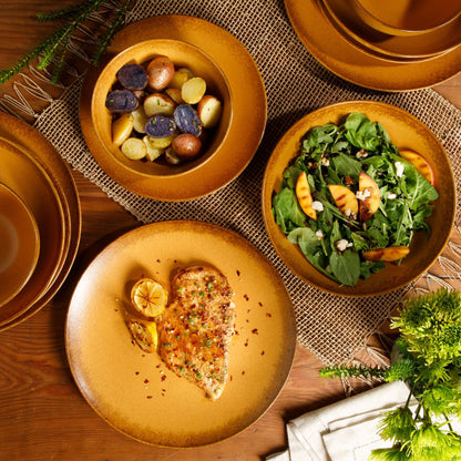 Bloomhouse Palermo Sun Service de table 16 pièces en grès émaillé réactif avec assiettes et bols à double bol