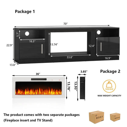Meuble TV Bossin 70 avec cheminée électrique de 36 pouces, meuble TV pour téléviseurs jusqu'à 80 pouces, éclairage LED 16 couleurs/centre de divertissement