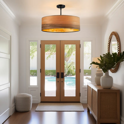 Lustre tambour Breaux à 4 lumières en placage de bois avec auvent noir - 22 po de largeur