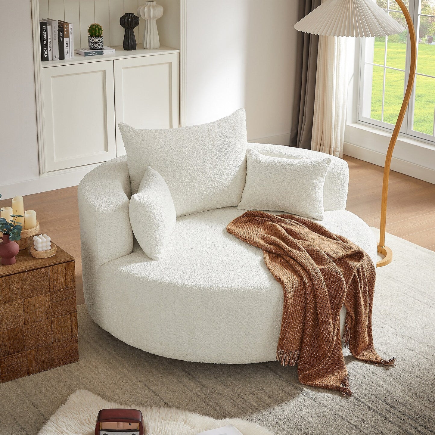 Fauteuil d'appoint en chenille, fauteuil rond avec base pivotante à 360 degrés et 3 coussins amovibles