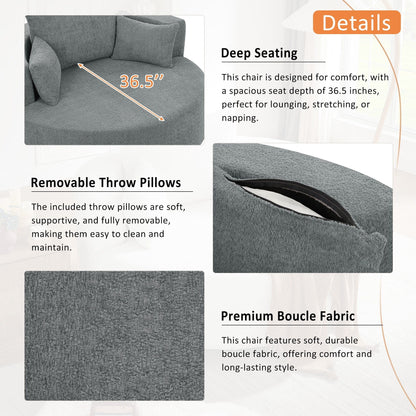 Fauteuil d'appoint en chenille, fauteuil rond avec base pivotante à 360 degrés et 3 coussins amovibles