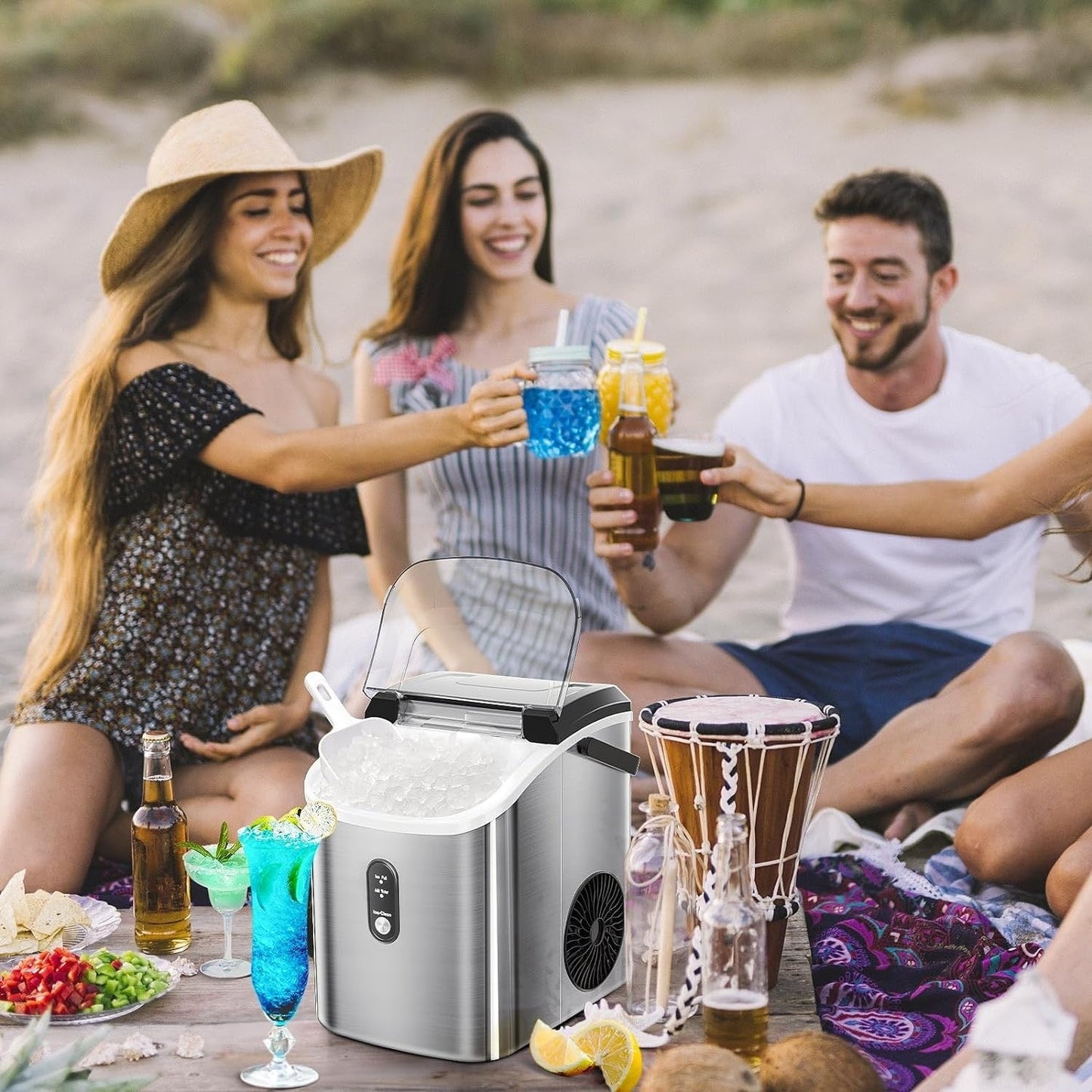 Machine à glaçons portable Nugget Ice avec boutons mécaniques, équipée d'un panier à glaçons et d'une pelle à glaçons, en acier inoxydable