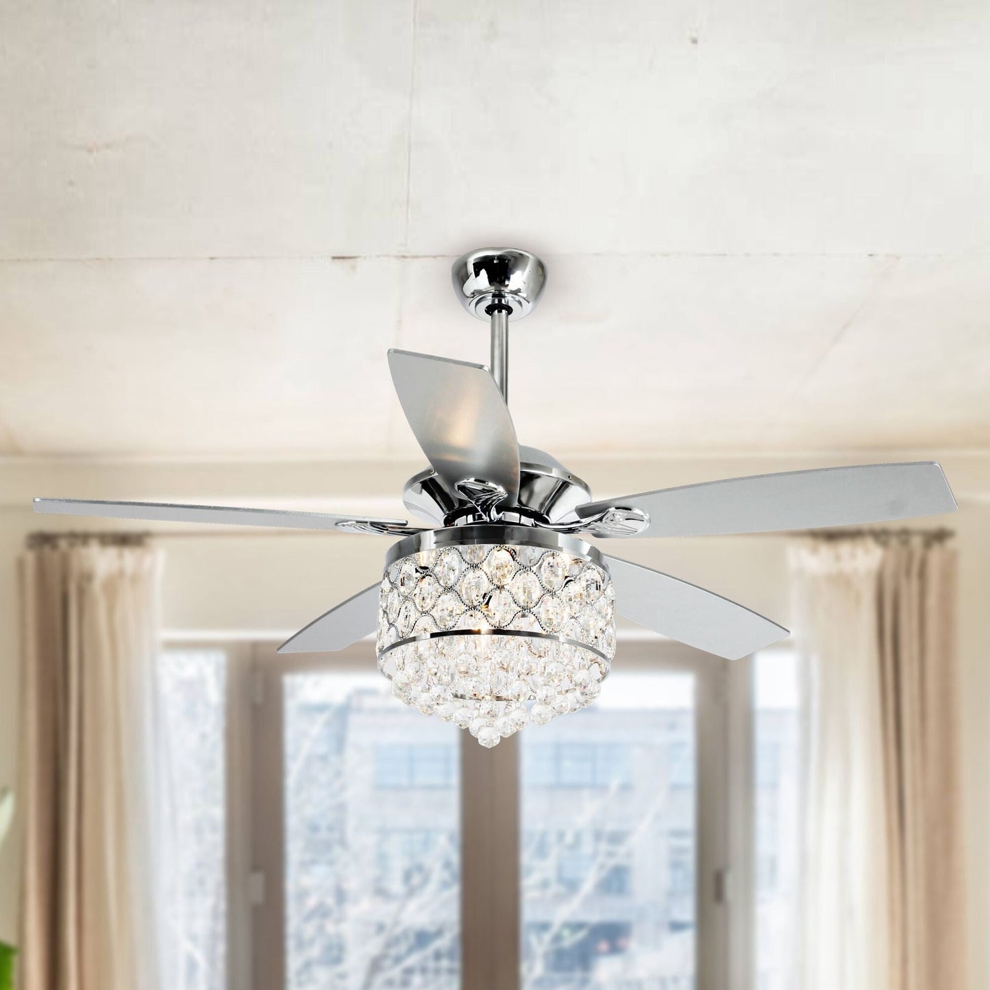 Lustre/ventilateur de plafond à 4 lumières en chrome/cristal avec télécommande