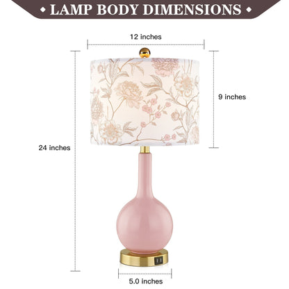 Lampe de table en céramique rose avec interrupteur tactile à intensité variable à 3 positions et deux ports de chargement USB - 12'' x 12'' x 24'' (L x l x H)