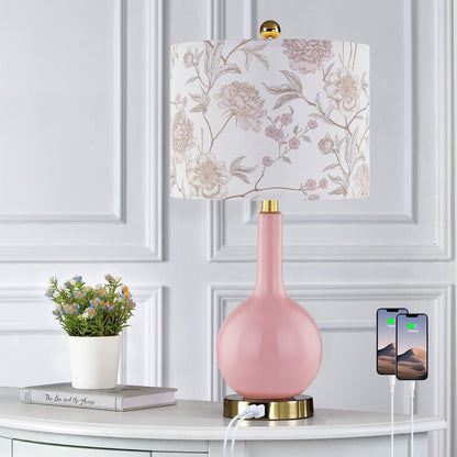 Lampe de table en céramique rose avec interrupteur tactile à intensité variable à 3 positions et deux ports de chargement USB - 12'' x 12'' x 24'' (L x l x H)