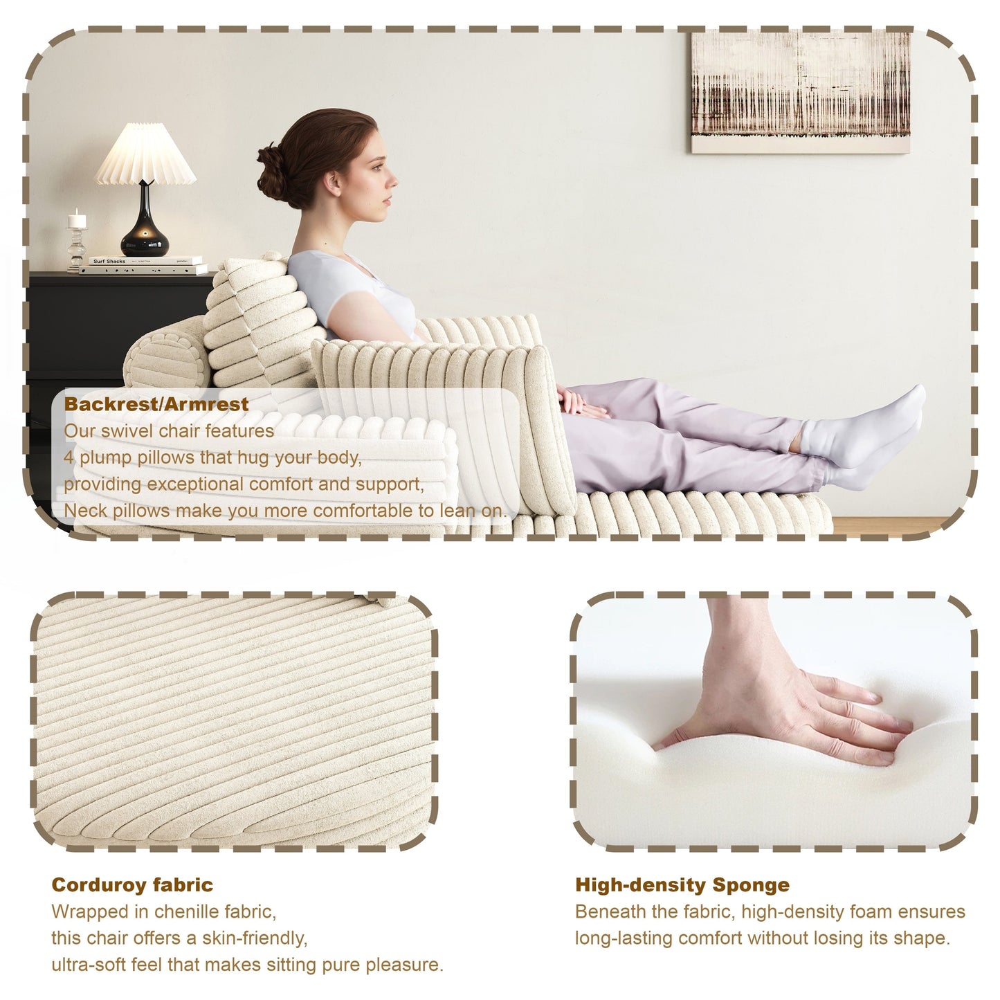 Chaise pivotante simple en velours côtelé et mousse chenille