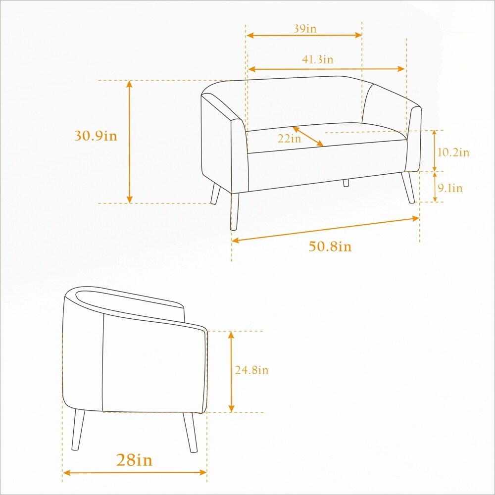 Canapé 2 places rembourré en velours côtelé avec pieds en bois de noyer