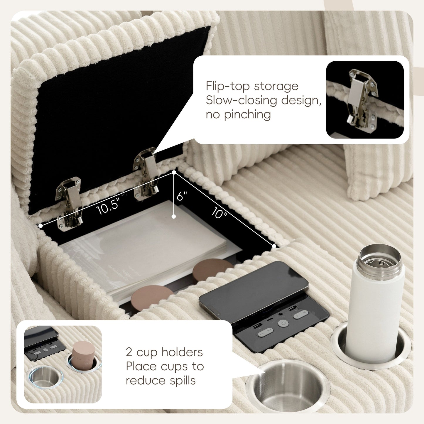 Canapé sectionnel en velours côtelé avec haut-parleurs Bluetooth, chargeur USB, porte-gobelets, rangement, pouf, assise profonde et large