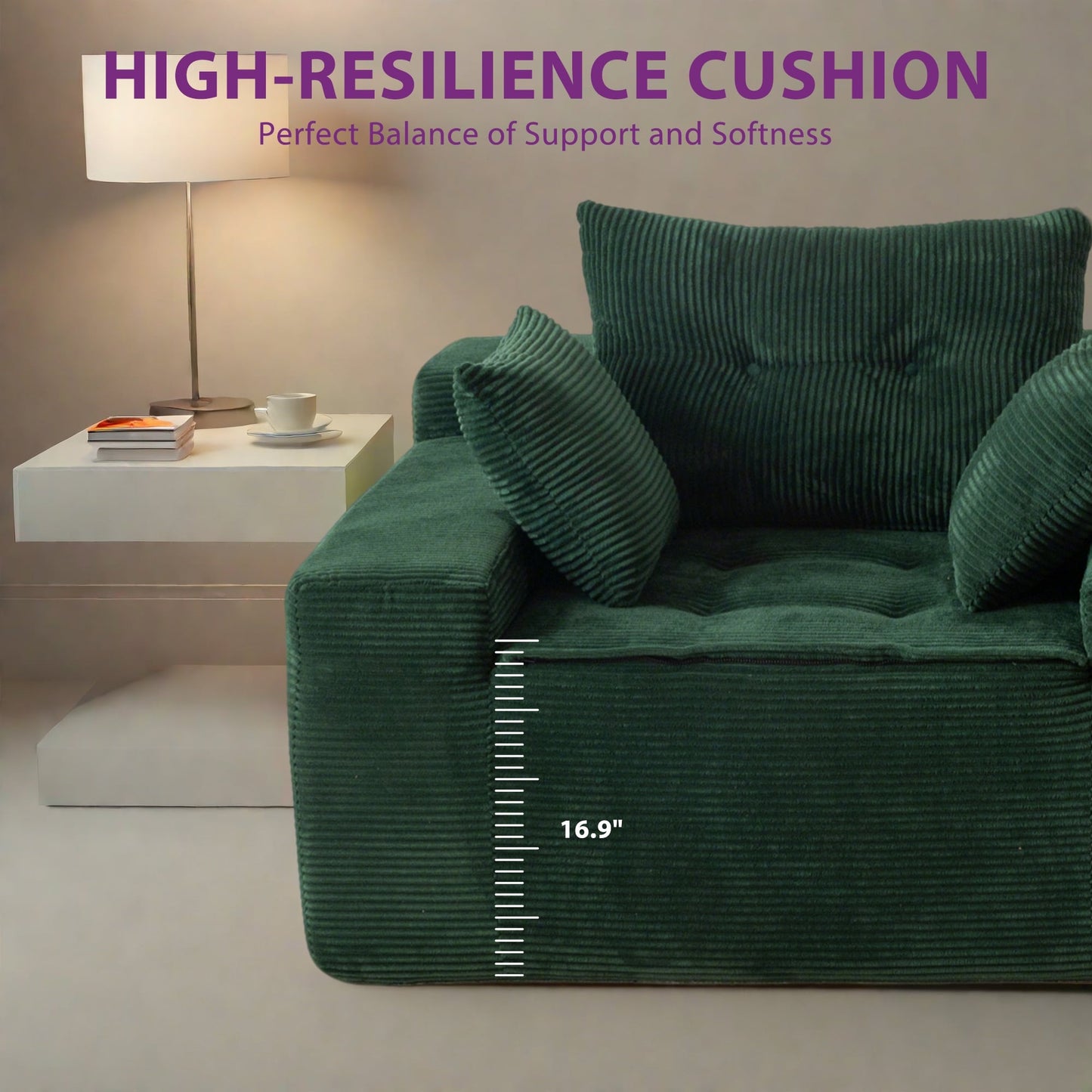 Canapé pouf rembourré en velours côtelé et mousse à mémoire de forme avec pouf - 48,4 L x 67,7 l x 24,4 H