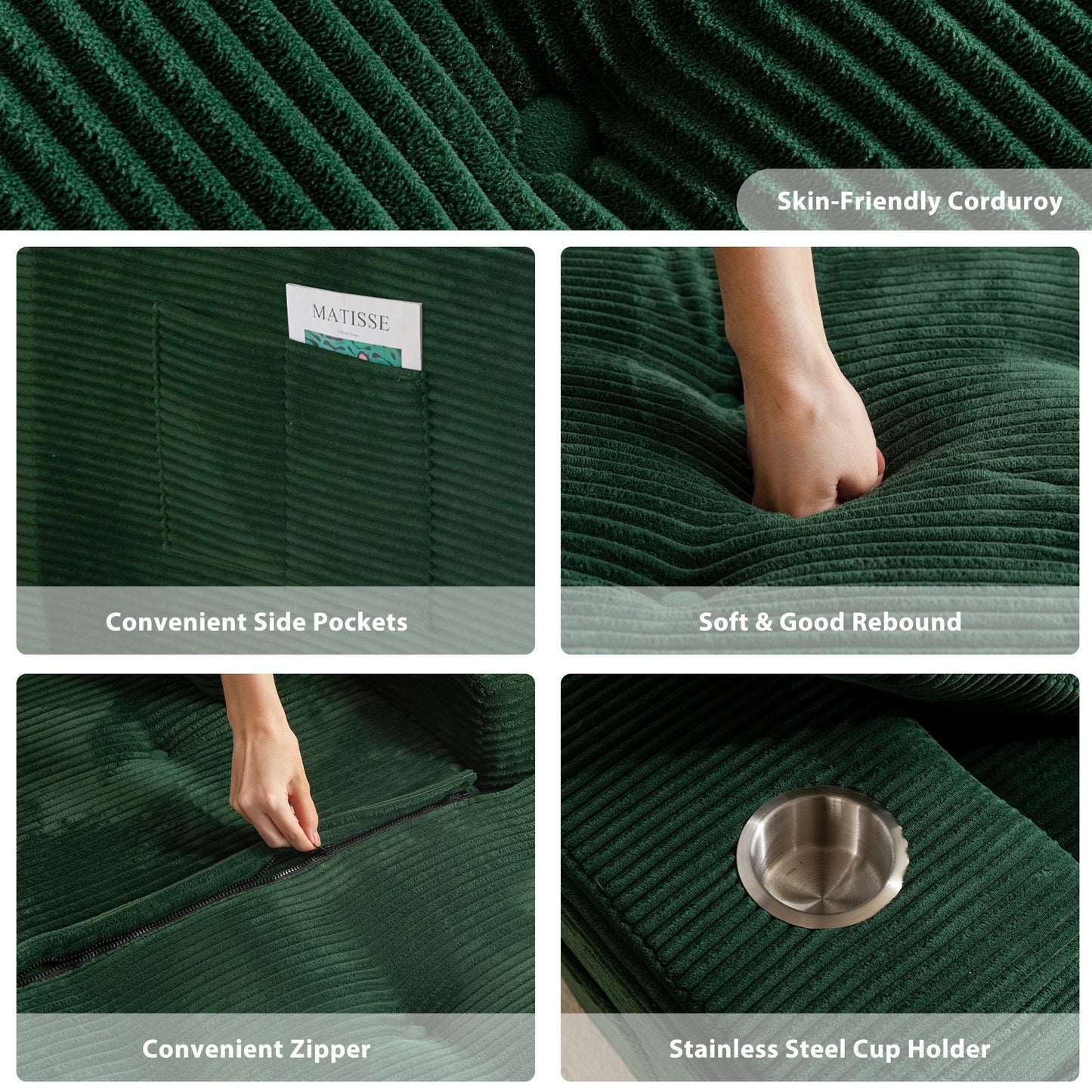 Canapé pouf rembourré en velours côtelé et mousse à mémoire de forme avec pouf - 48,4 L x 67,7 l x 24,4 H