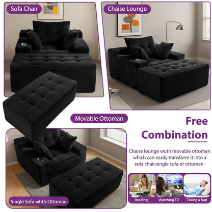 Canapé pouf rembourré en velours côtelé et mousse à mémoire de forme avec pouf - 48,4 L x 67,7 l x 24,4 H