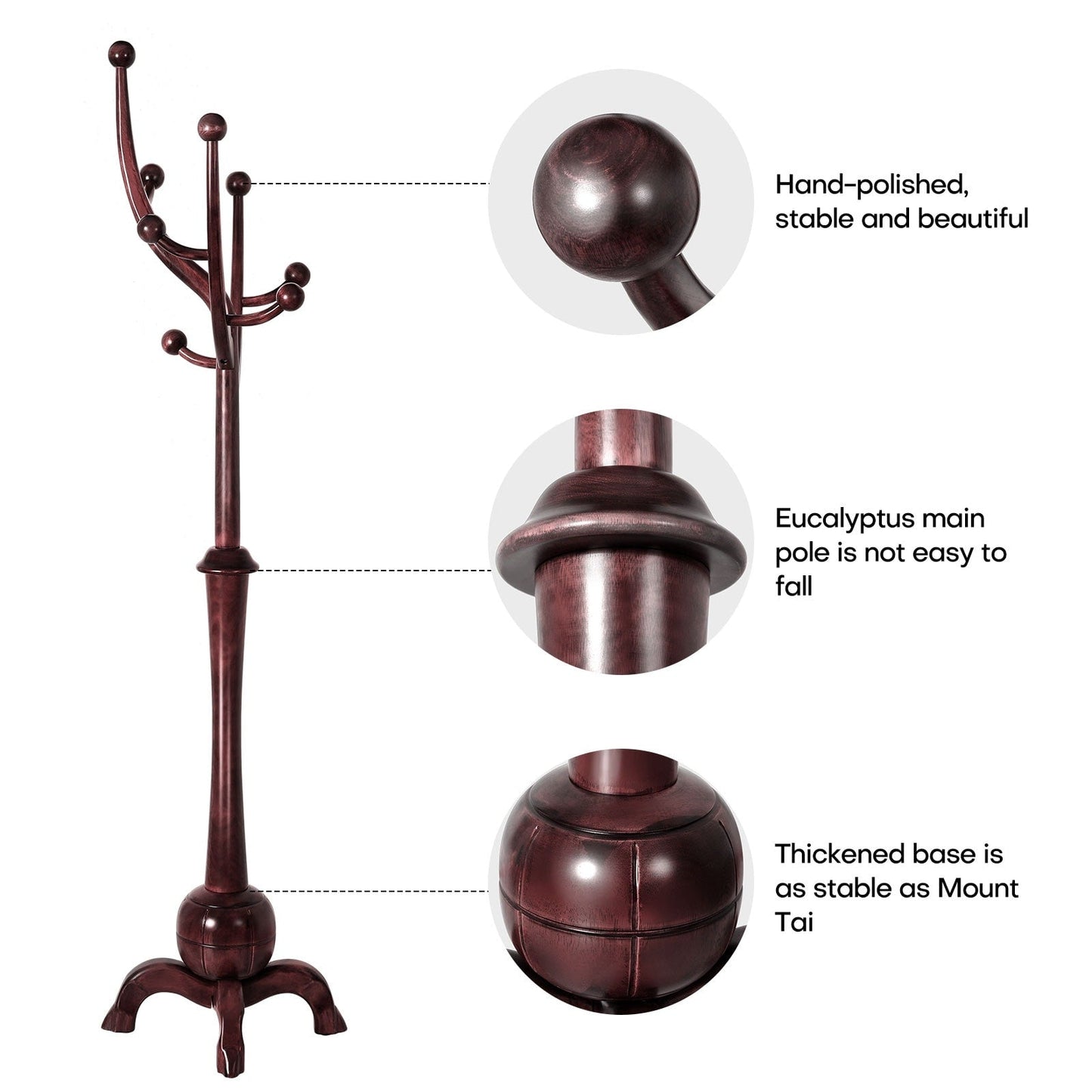 Tree-branch Rubberwood Freestanding Coat Rack with 8 Hooks - 24.5W x 70.87H