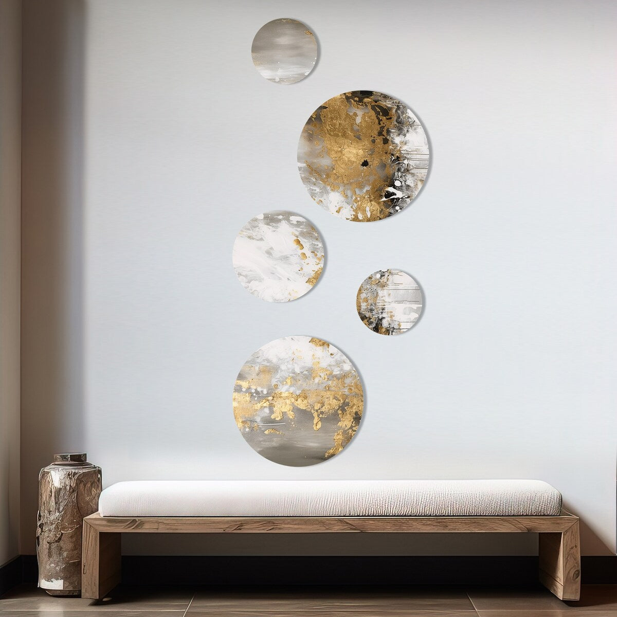 Ensemble de 5 peintures murales abstraites en métal doré et blanc Designart