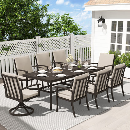 Ensemble de salle à manger de patio en aluminium EGEIROS LIFE AluLux 9 pièces avec 2 chaises pivotantes, 6 chaises et coussins lavables
