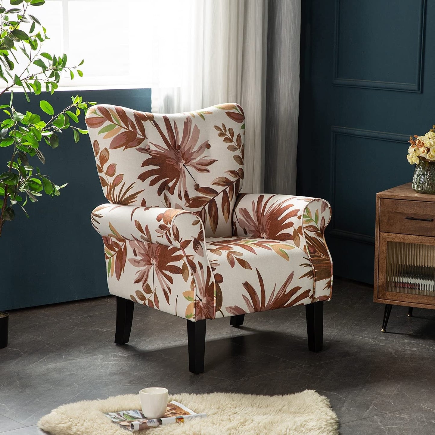 Fauteuil d'appoint moderne Erommy, fauteuil à dossier haut, canapé simple en tissu rembourré avec pieds en bois pour le salon